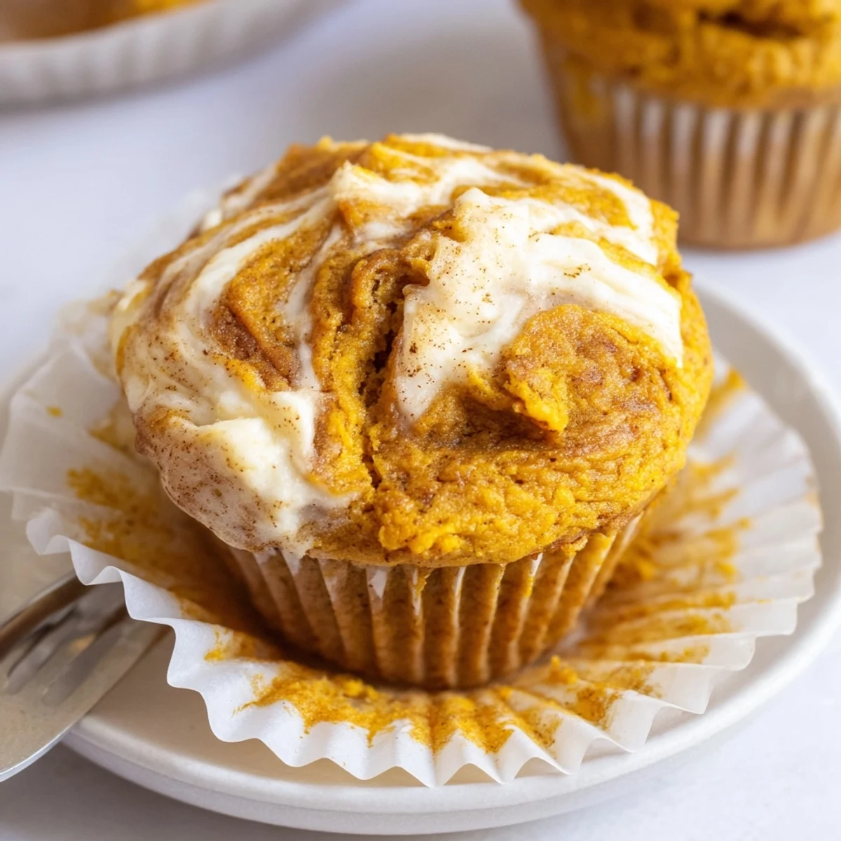 Moist chai pumpkin cheesecake muffins arranged on a parchment-lined baking sheet showing tender crumb