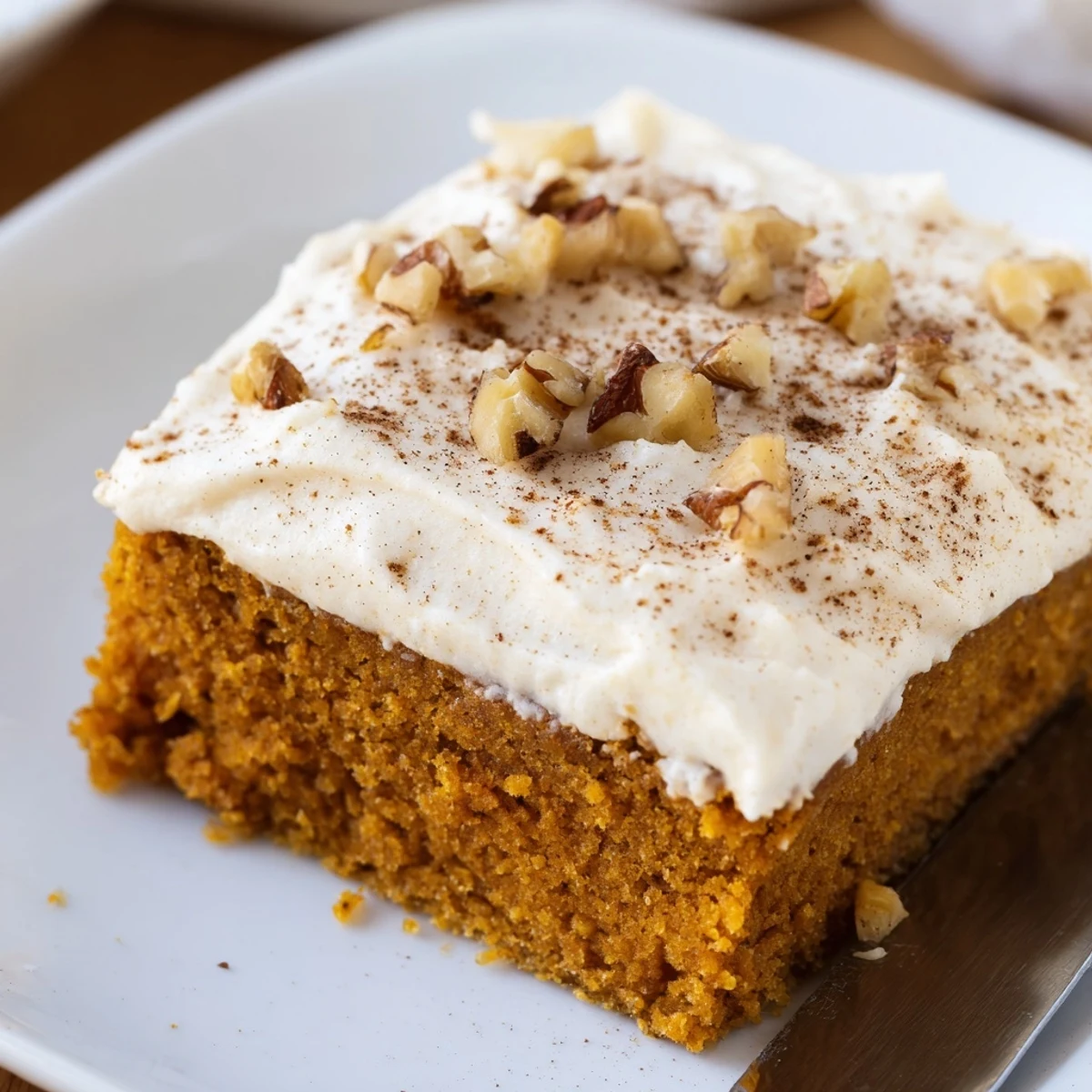 Warm spiced pumpkin bars with cream cheese frosting sliced on a rustic cutting board