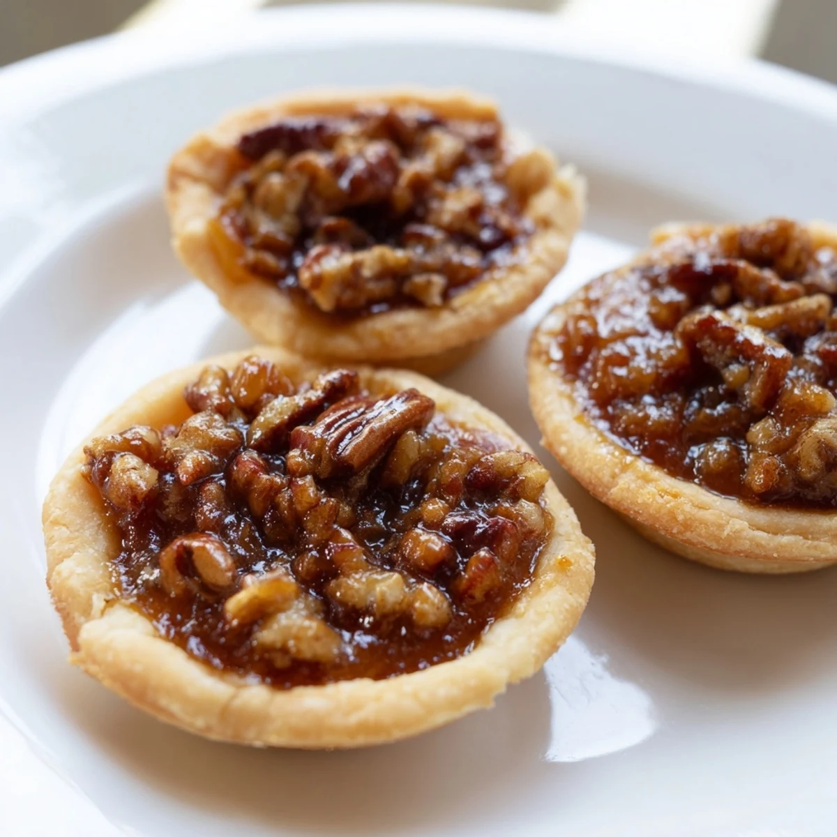 Golden mini pecan pies with gooey caramel filling in flaky butter crusts on a wire rack