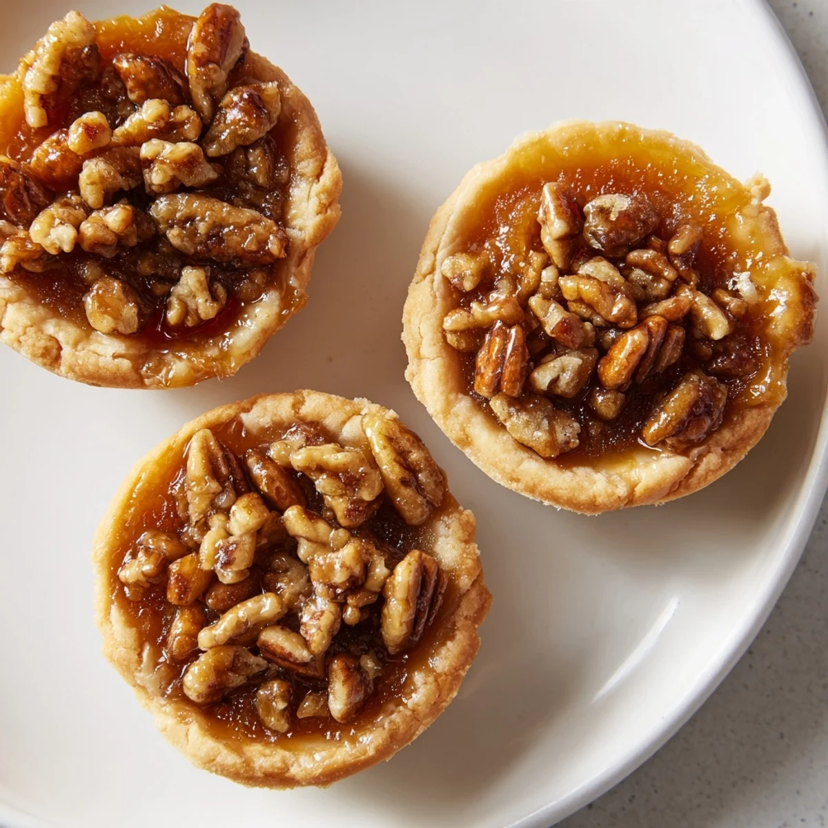 Mini pecan pies bubbling with rich brown sugar syrup inside tender golden pastry shells