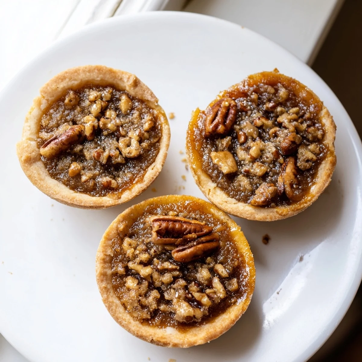 Bite-sized mini pecan pies topped with toasted nuts, dusted with powdered sugar for parties