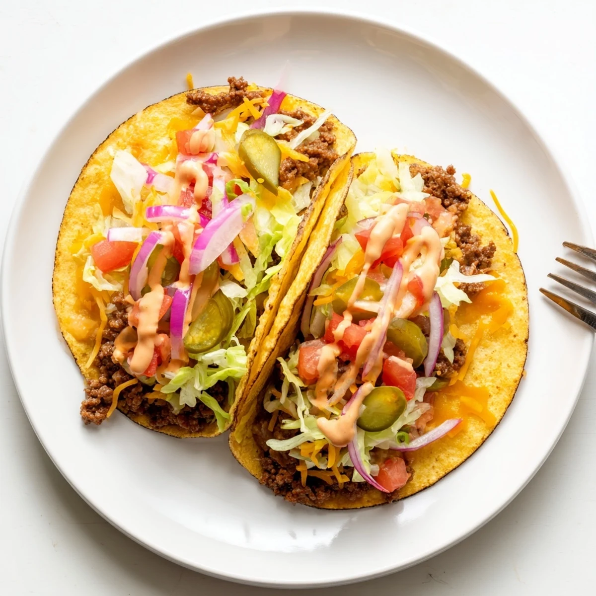 Crispy smash burger tacos loaded with melted cheddar and tangy burger sauce