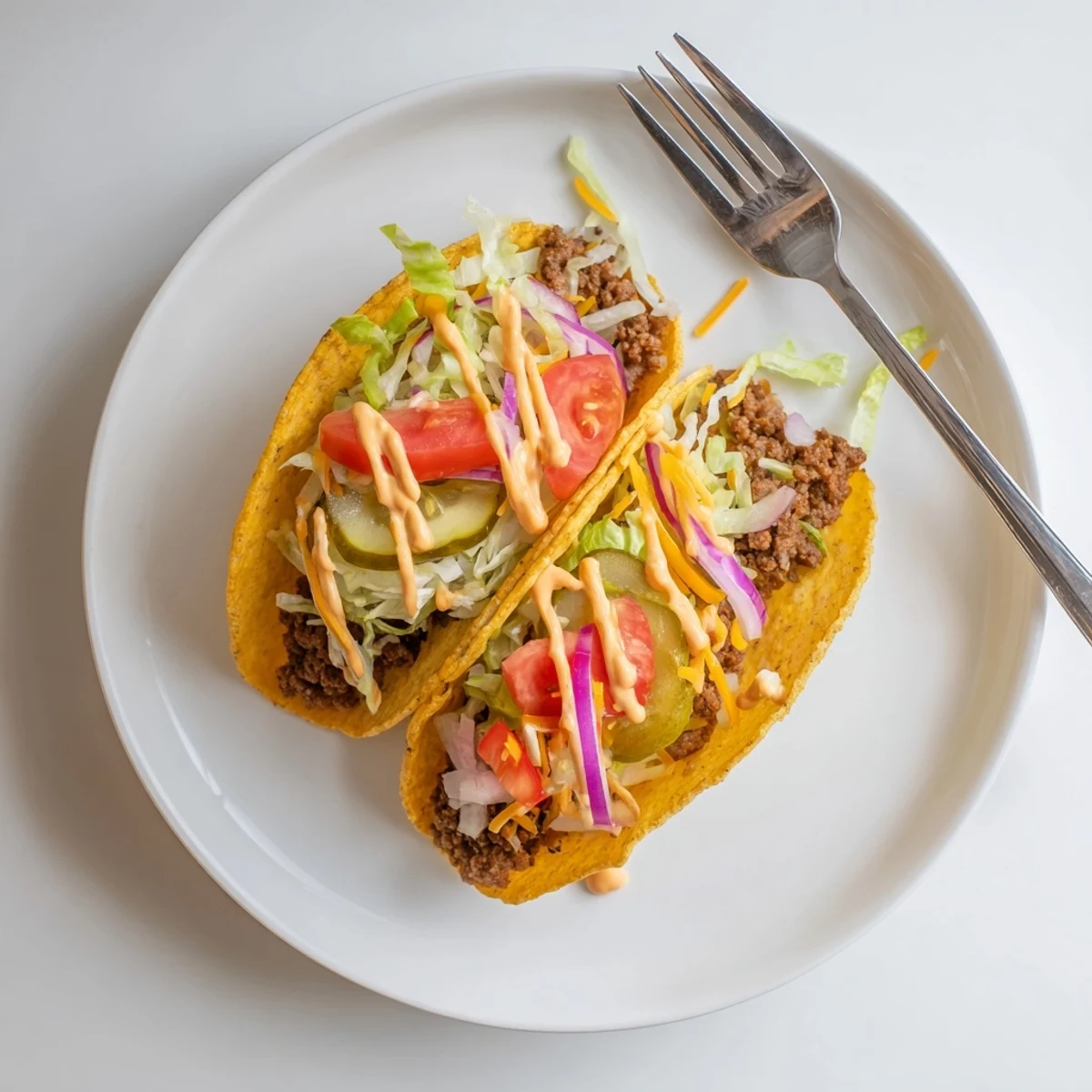 Sizzling smash burger tacos drizzled with creamy sauce and crunchy dill pickles