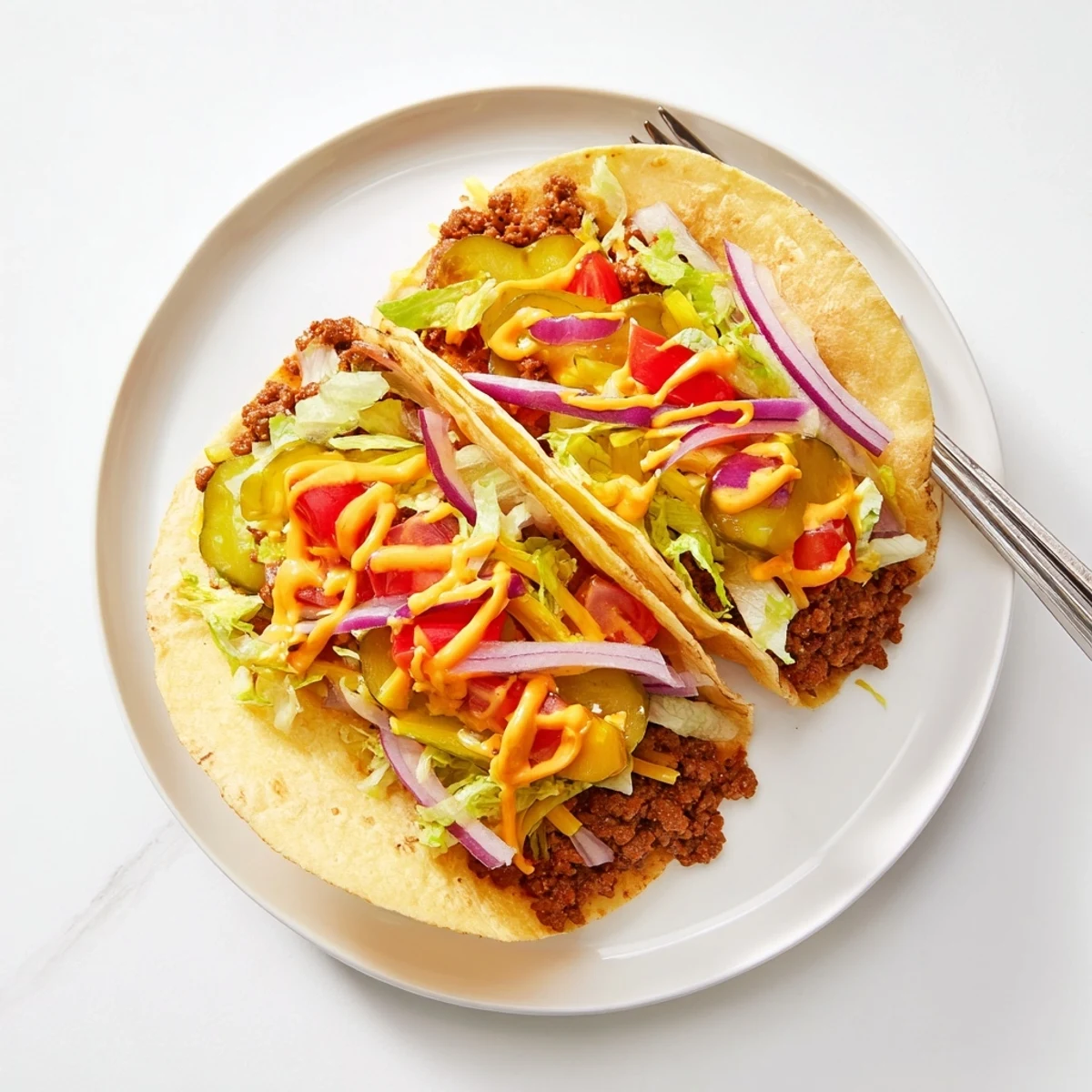 Golden tortilla smash burger tacos topped with fresh lettuce and juicy beef