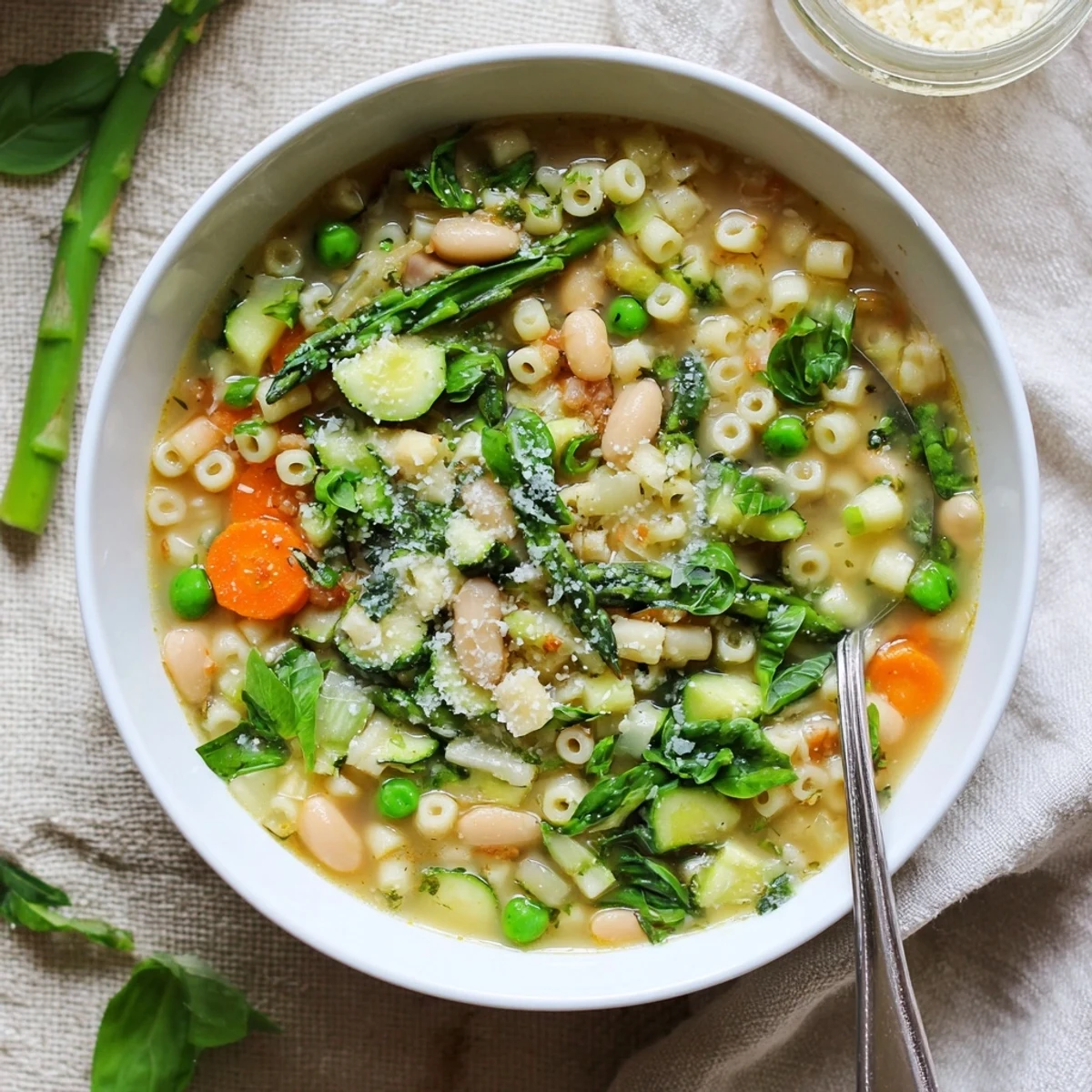 Spring minestrone soup ladled into a rustic bowl topped with grated Parmigiano Reggiano.