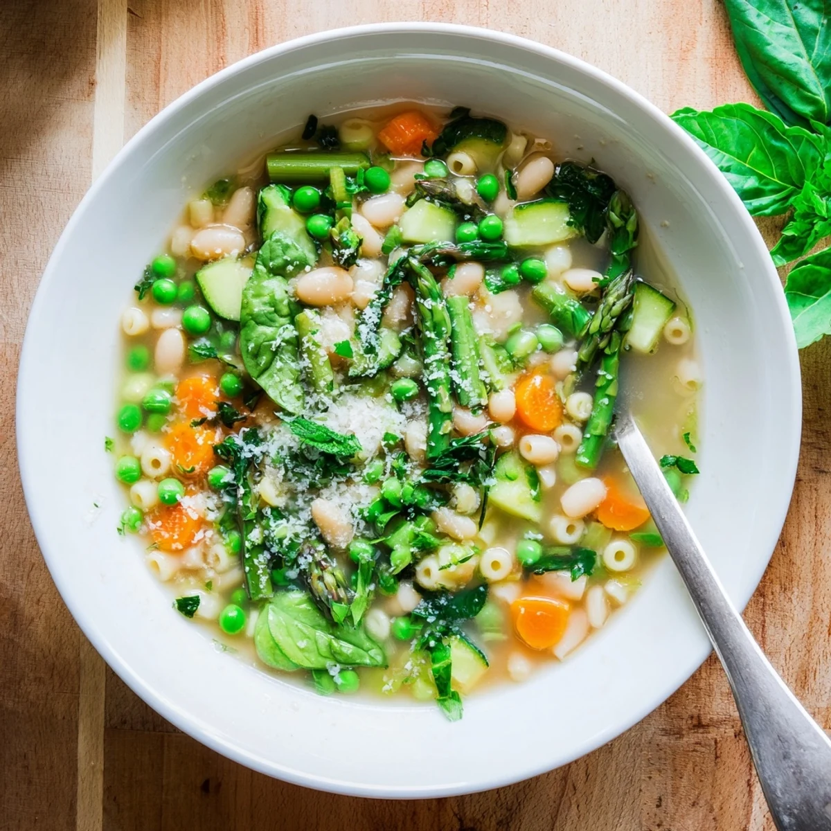 Steaming bowl of spring minestrone soup with tender pasta and vibrant green vegetables.