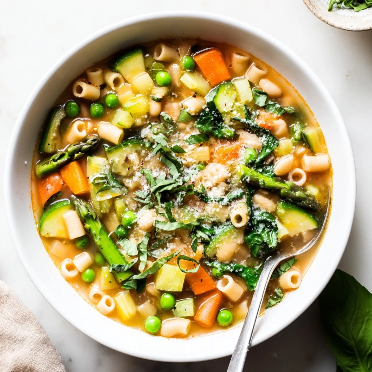 Colorful spring minestrone soup featuring diced carrots, asparagus, and fresh basil garnish.