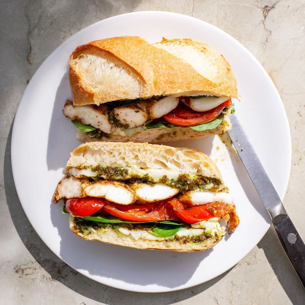 Golden grilled chicken pesto sandwich with melted mozzarella on toasted ciabatta