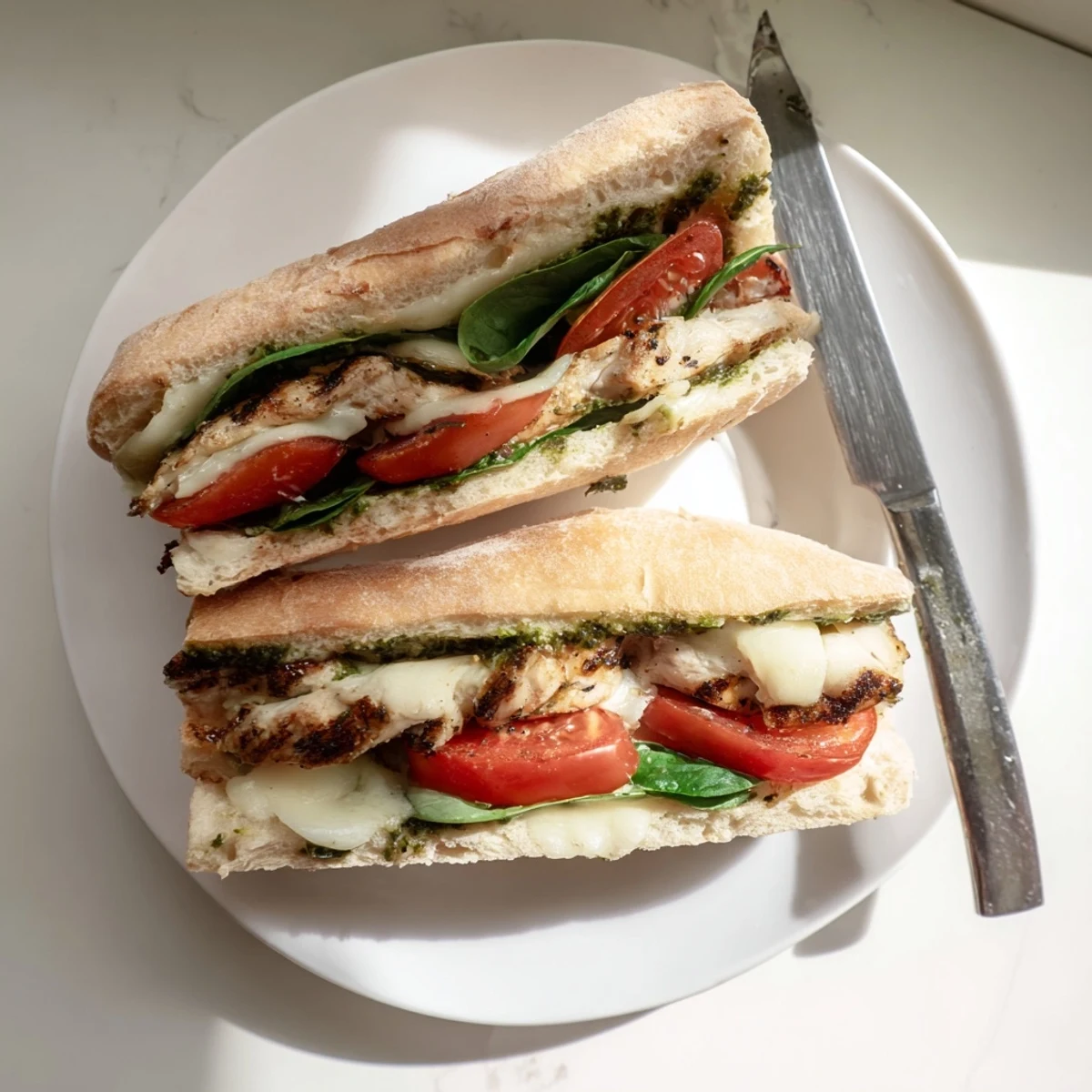 Warm chicken pesto sandwich recipe served on a crispy ciabatta roll