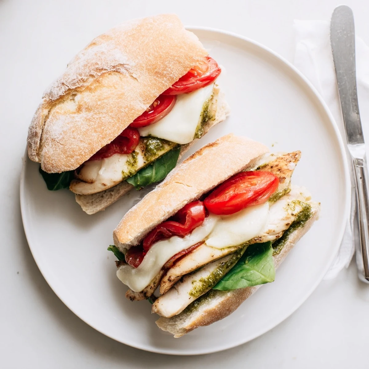 Juicy chicken pesto sandwich layered with tomato and fresh arugula