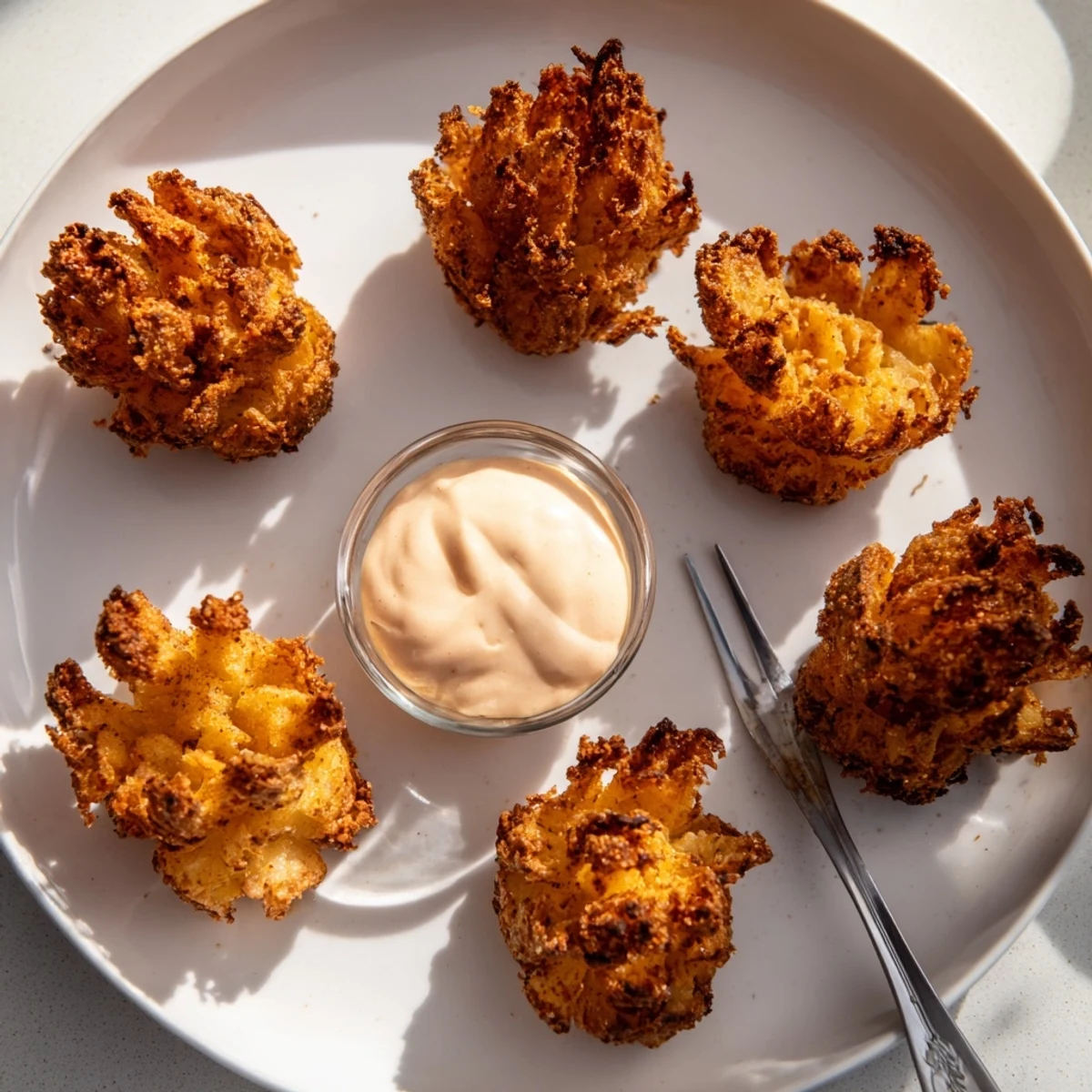 Golden crispy mini bloomin onions served with spicy horseradish dipping sauce