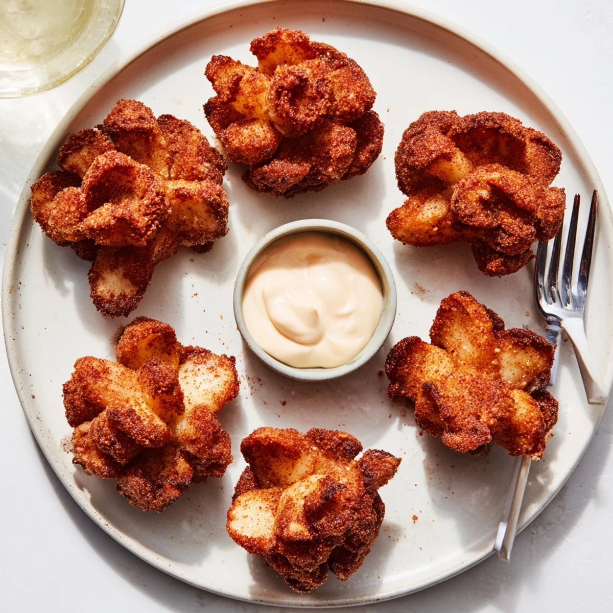 Deep-fried miniature blooming onions with crunchy golden petals on a white plate