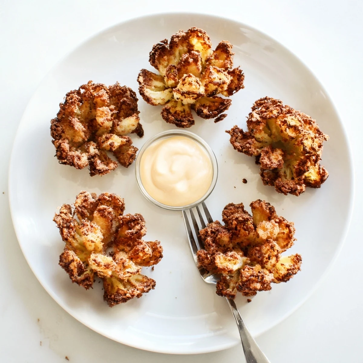 Six crispy mini bloomin onions arranged around a creamy pink dipping sauce