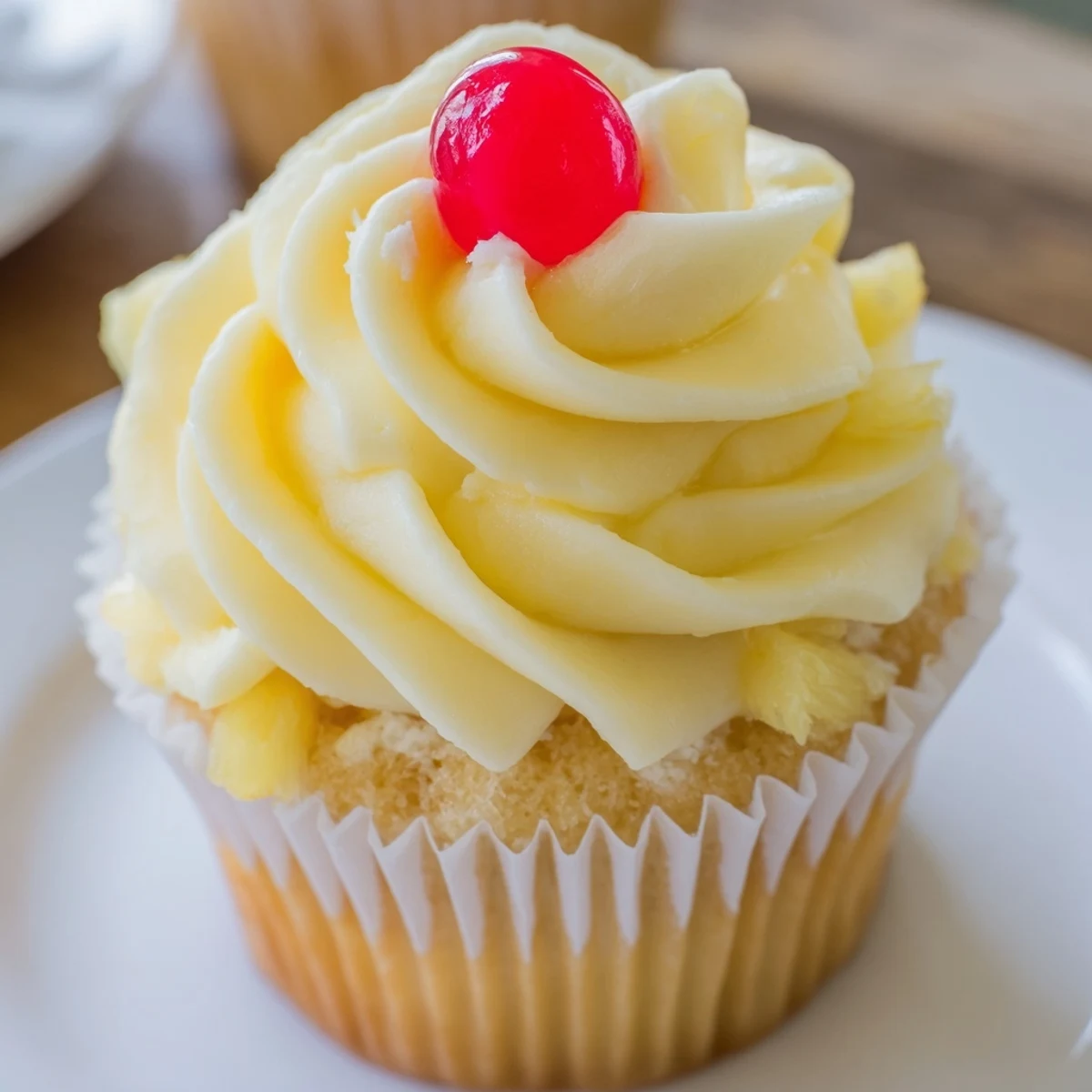 Moist pineapple cupcakes swirled with light fluffy frosting on a pastel paper liner