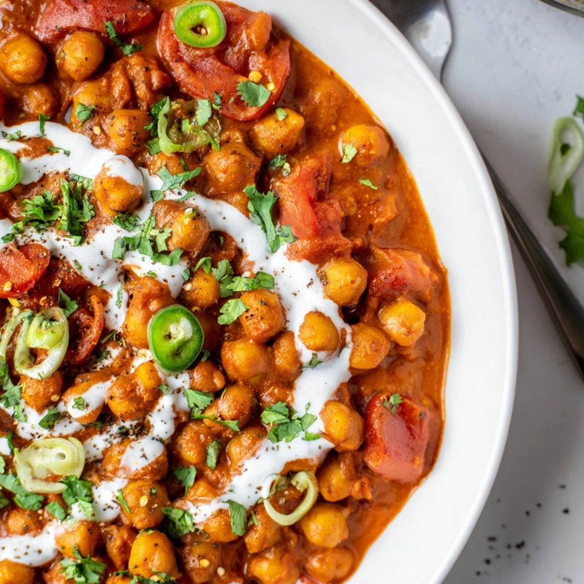 Creamy Greek Yogurt Chickpea Curry steaming in skillet, garnished with cilantro