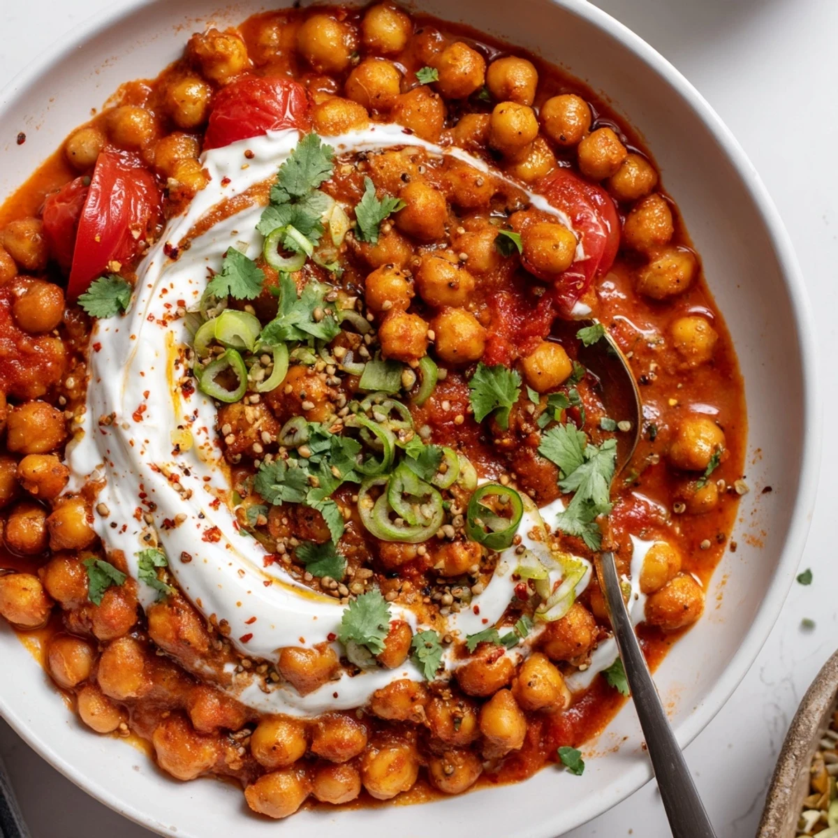 Velvety Greek Yogurt Chickpea Curry spooned over fluffy basmati rice, aromatic spices