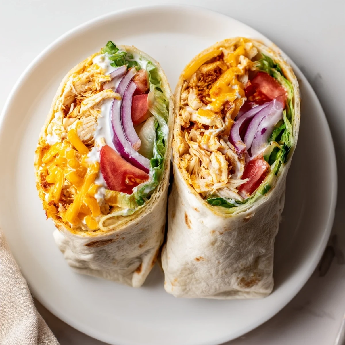 Cheesy Garlic Chicken Wraps with melted cheddar, warm tortilla and crisp lettuce