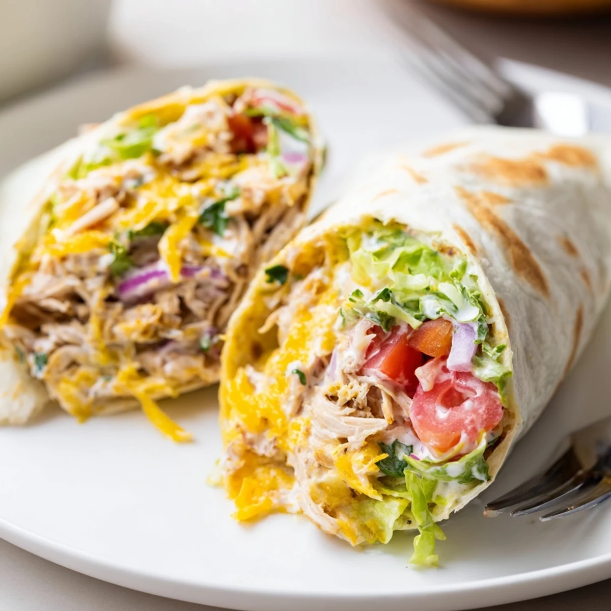 Warm Cheesy Garlic Chicken Wraps sliced in half, gooey cheese and garlic aroma