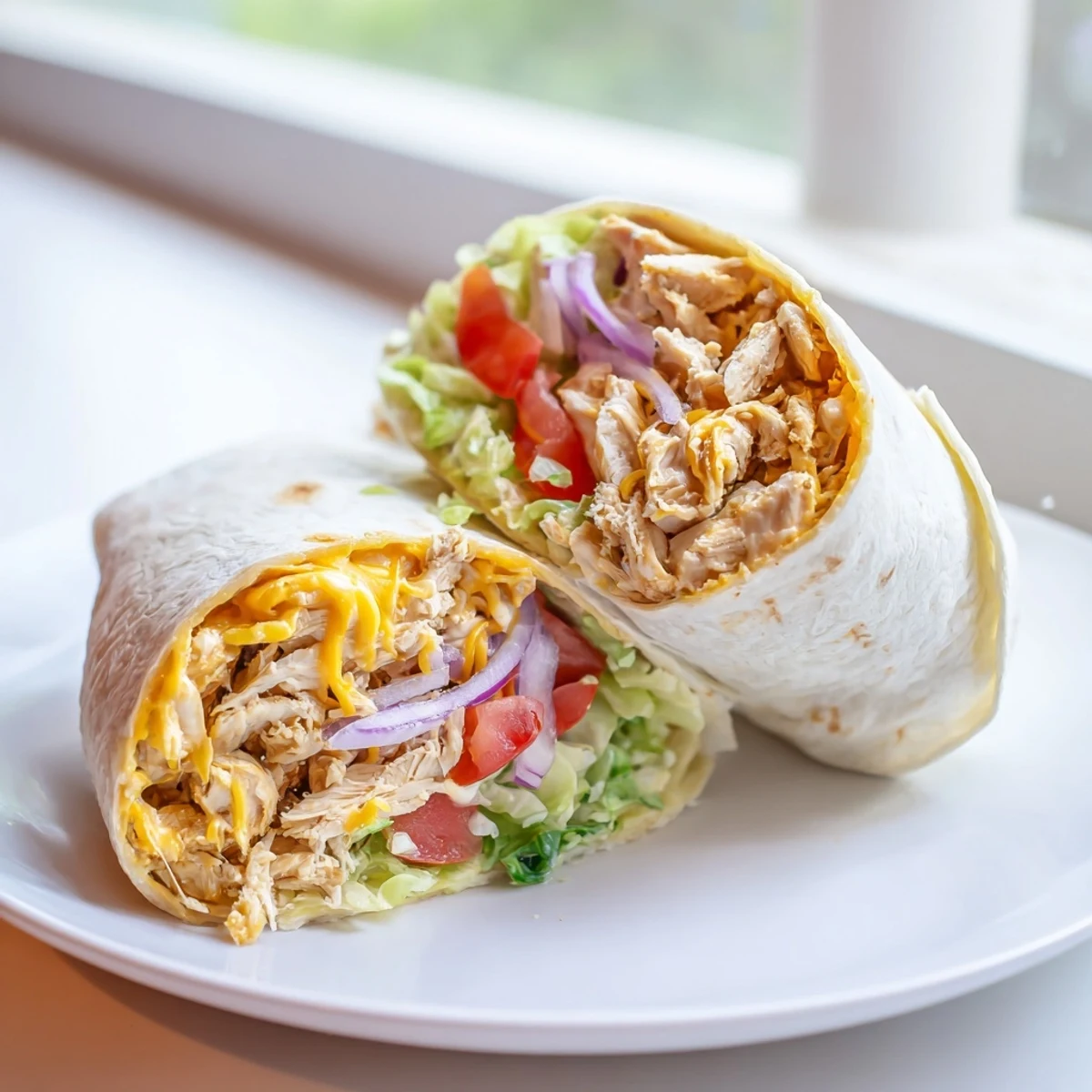 Family-style Cheesy Garlic Chicken Wraps served with lemony parsley sauce and tomato