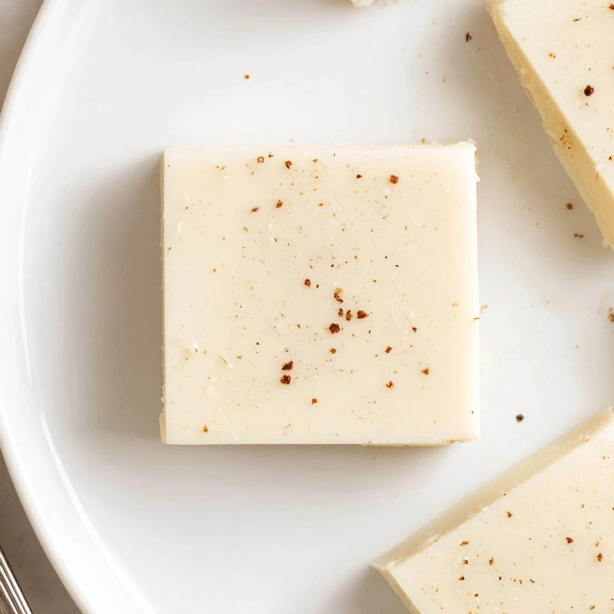 Slice of chilled Eggnog Fudge on parchment, speckled with grated nutmeg