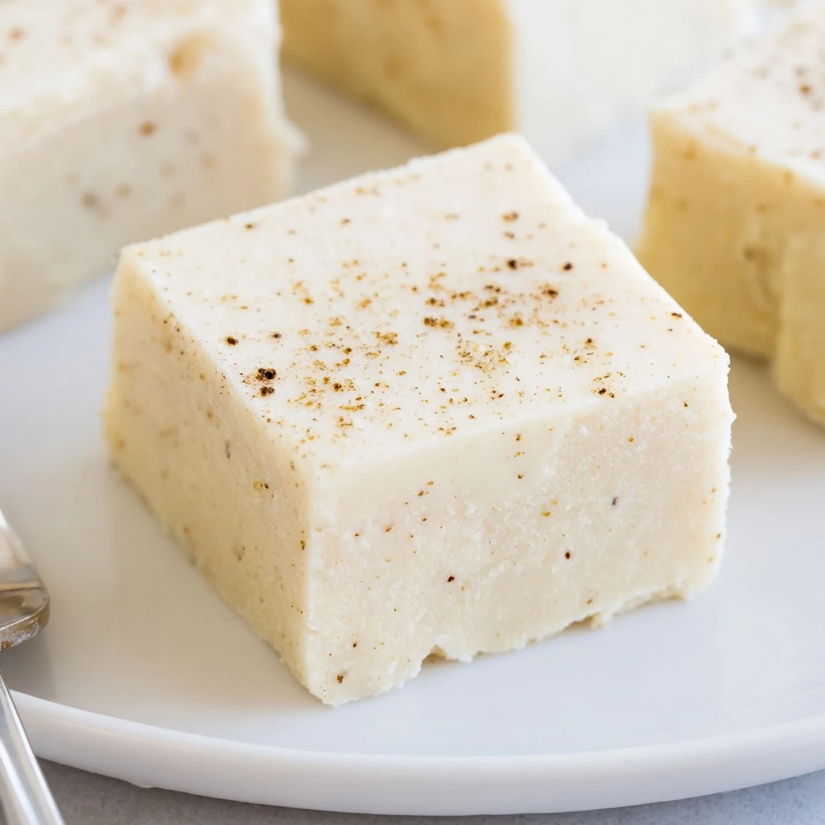 Creamy Eggnog Fudge dusted with nutmeg, cut into glossy holiday squares