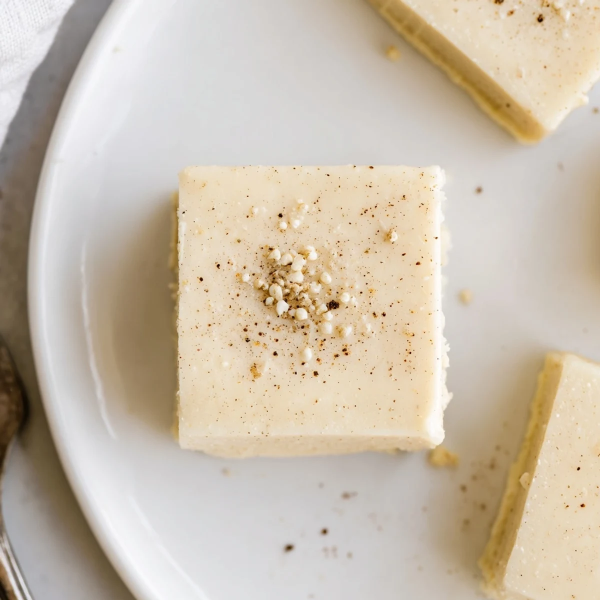 Rich Eggnog Fudge squares glistening, hint of cinnamon, perfect for gifting