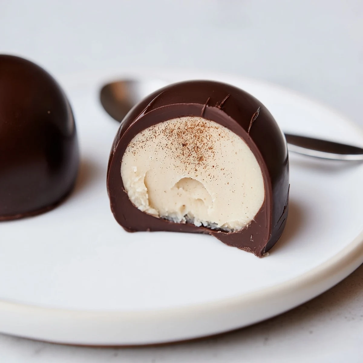 Hand-rolled Dark Chocolate Eggnog Truffles with creamy ganache center, chilled and elegant