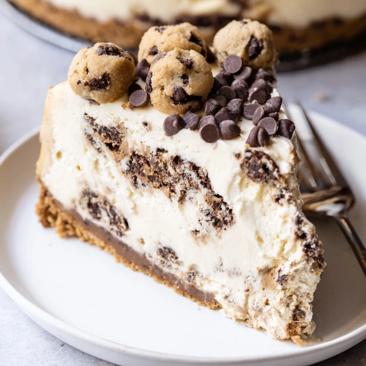 Top view of Chocolate Chip Cookie Dough Cheesecake revealing creamy filling and cookie balls