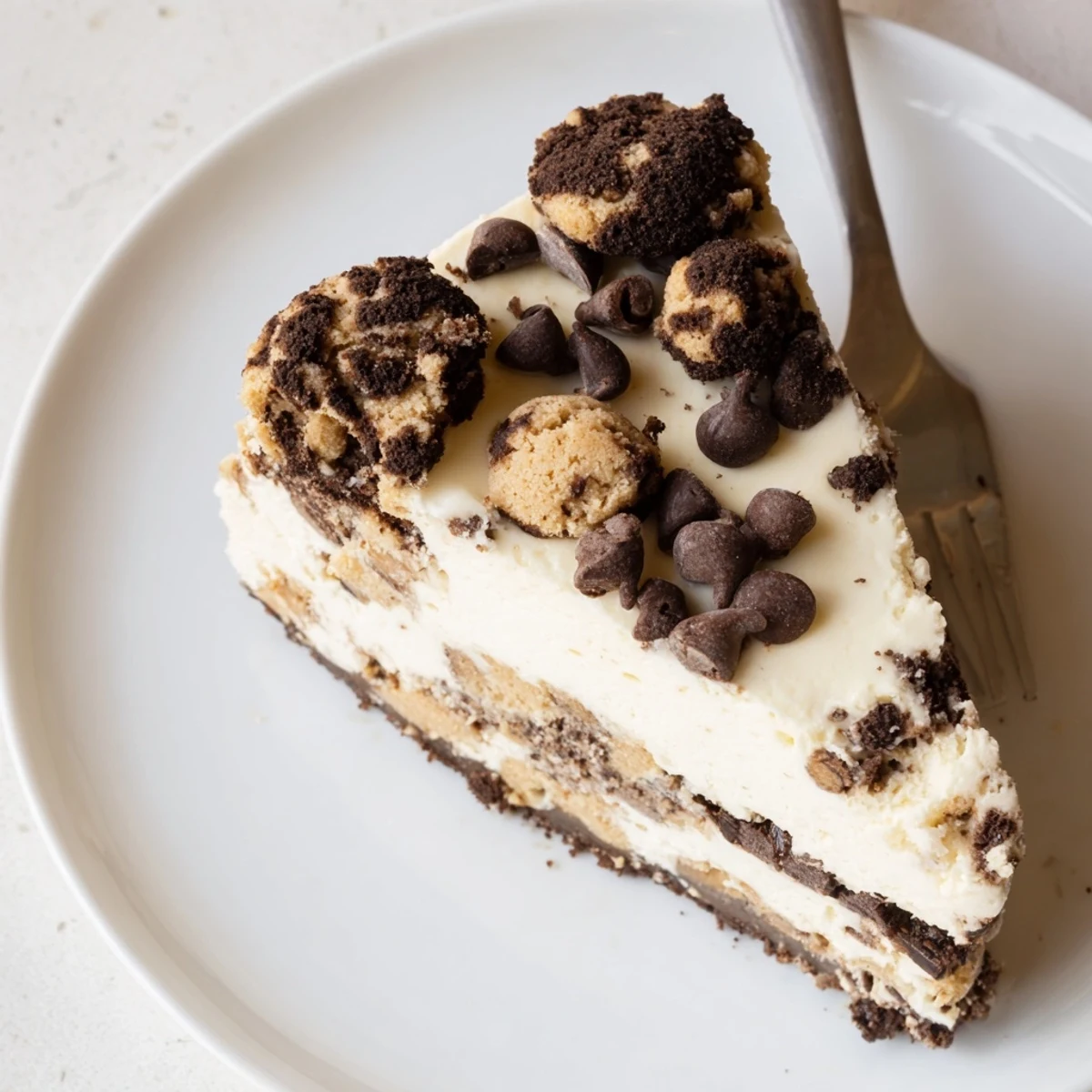 Fork ready slice of Chocolate Chip Cookie Dough Cheesecake with warm chocolate drizzle