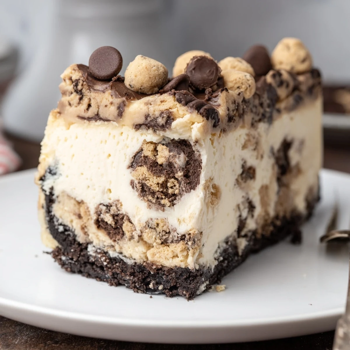 Chocolate Chip Cookie Dough Cheesecake chilled with glossy chocolate crust and marble sized dough