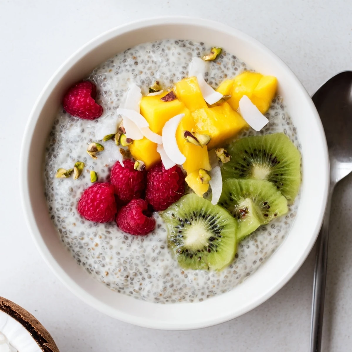 Creamy Coconut Chia Pudding topped with mango and toasted coconut flakes  