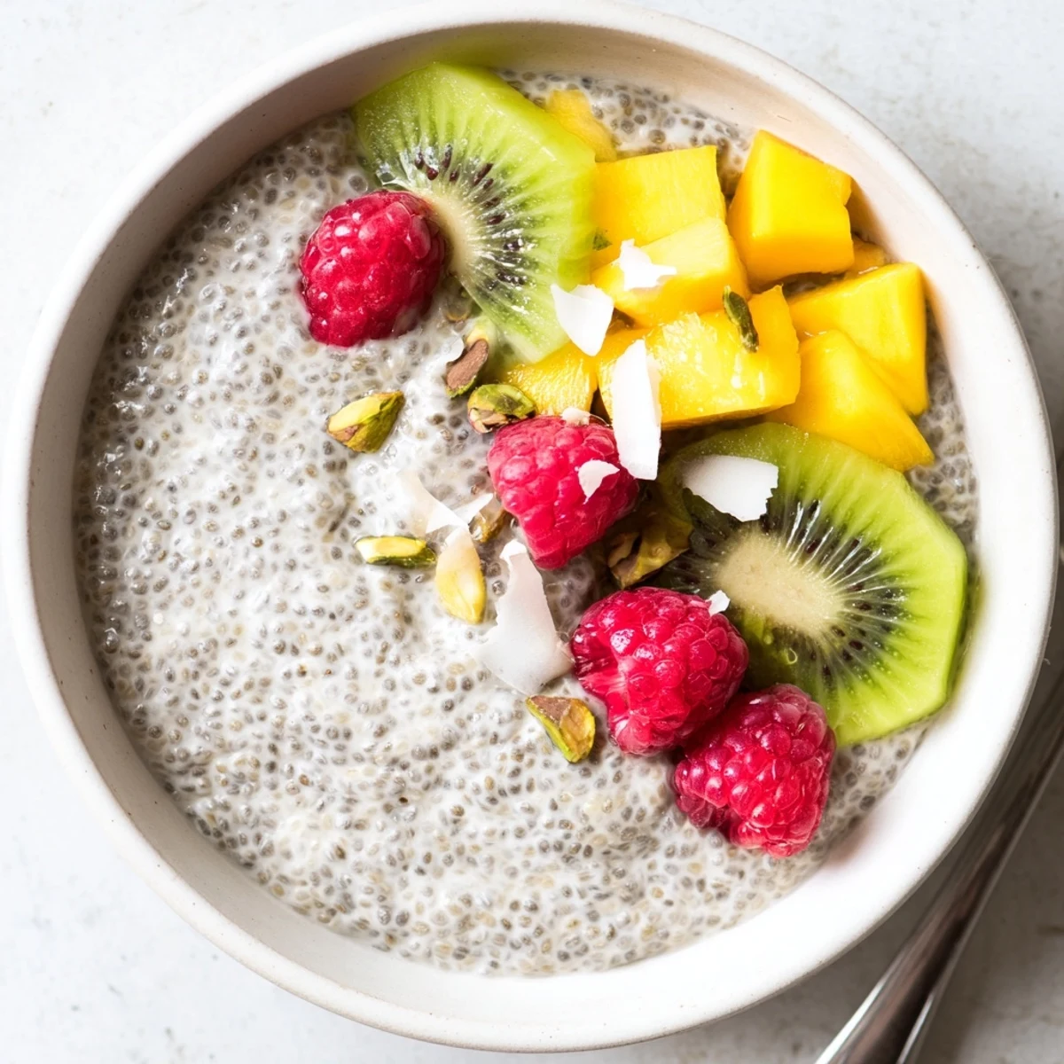 A spoonful of Coconut Chia Pudding reveals silky texture with crunchy almonds