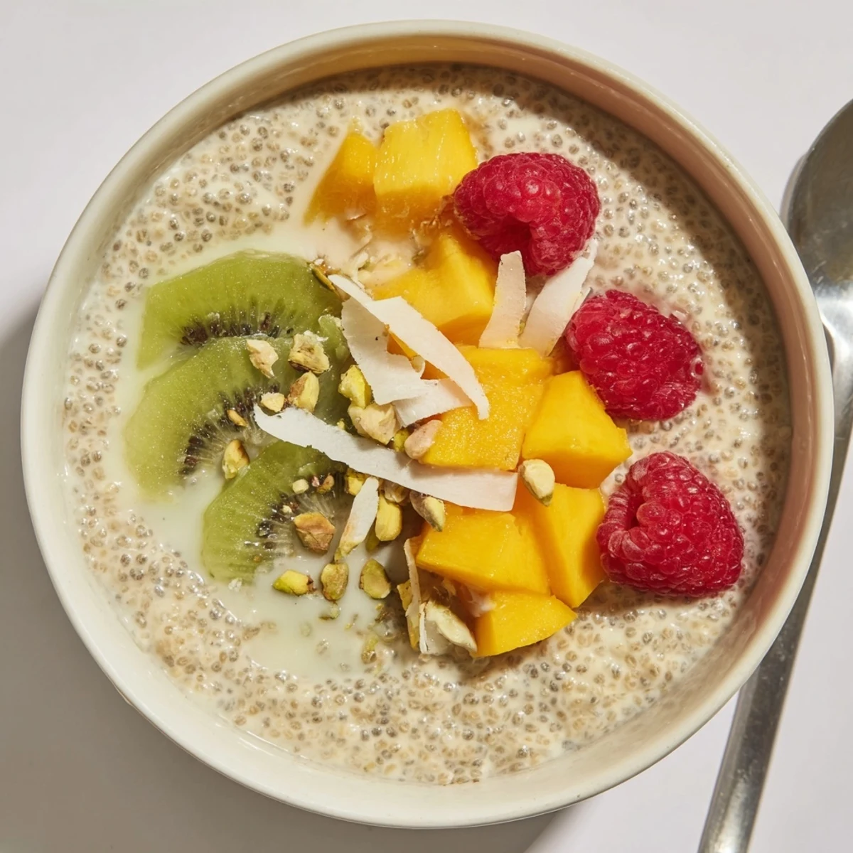 Chilled Coconut Chia Pudding served in glass jars with bright berry garnish  