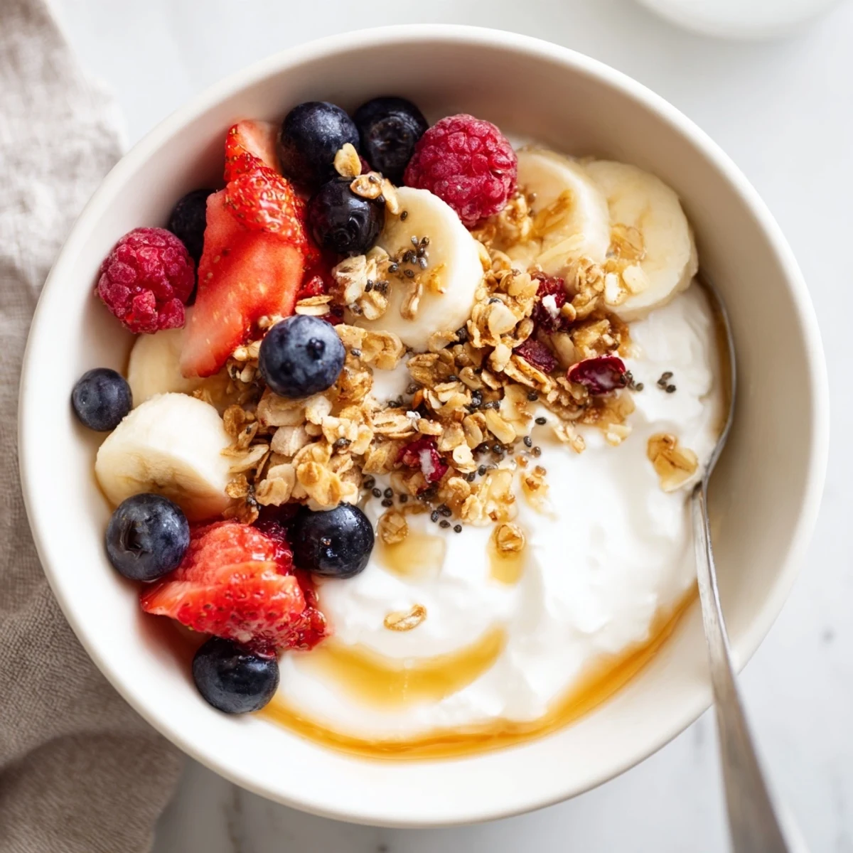 Cottage Cheese Breakfast Bowl topped with sliced banana, honey sheen and chia seeds.