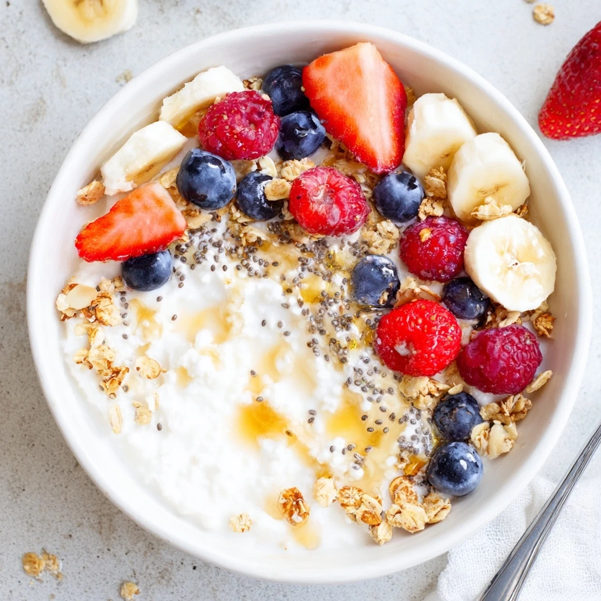 Cottage Cheese Breakfast Bowl with creamy curds, mixed berries, crunchy granola drizzle.