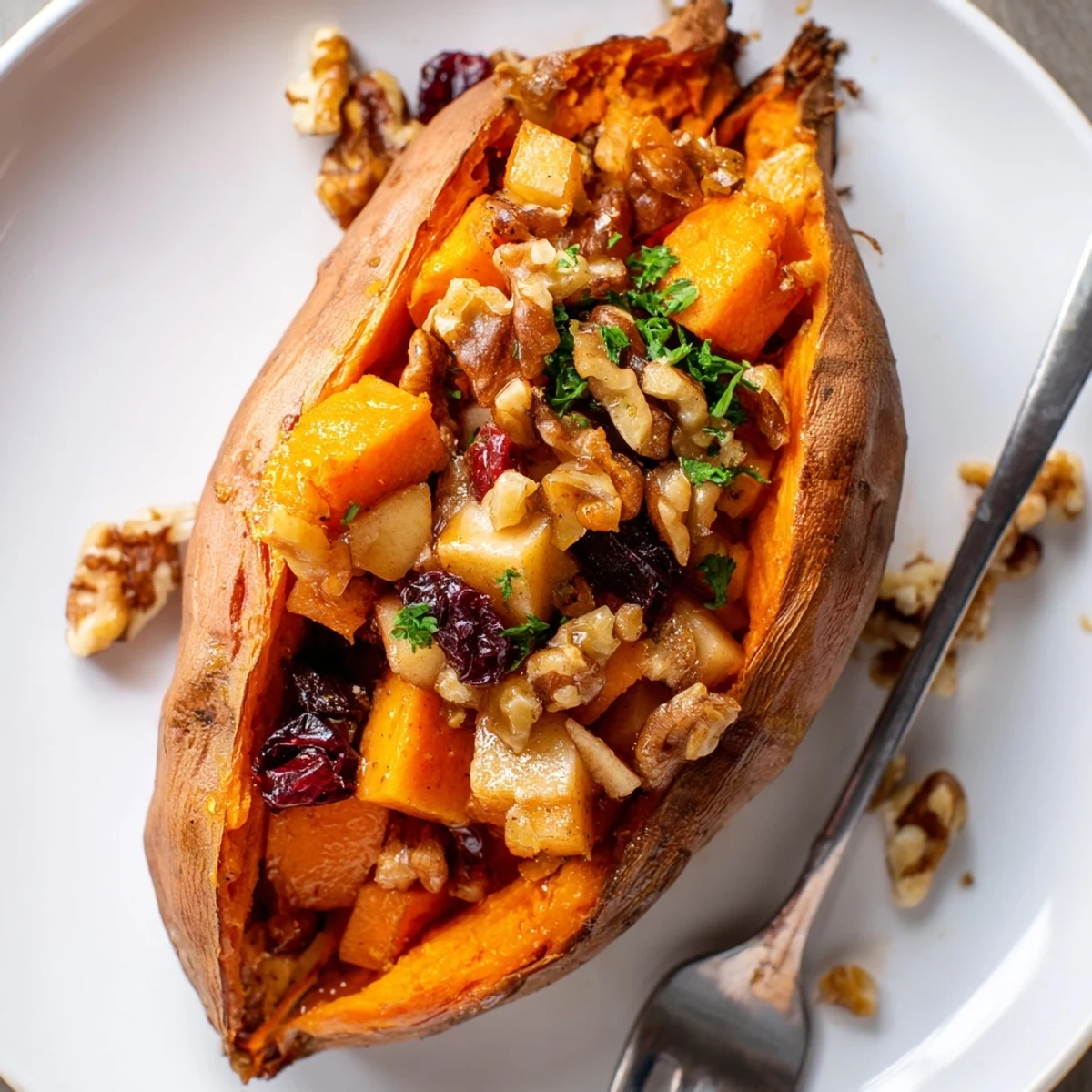 Warm Stuffed Sweet Potatoes With Apples, cinnamon-scented filling and tender fork-fluffed flesh