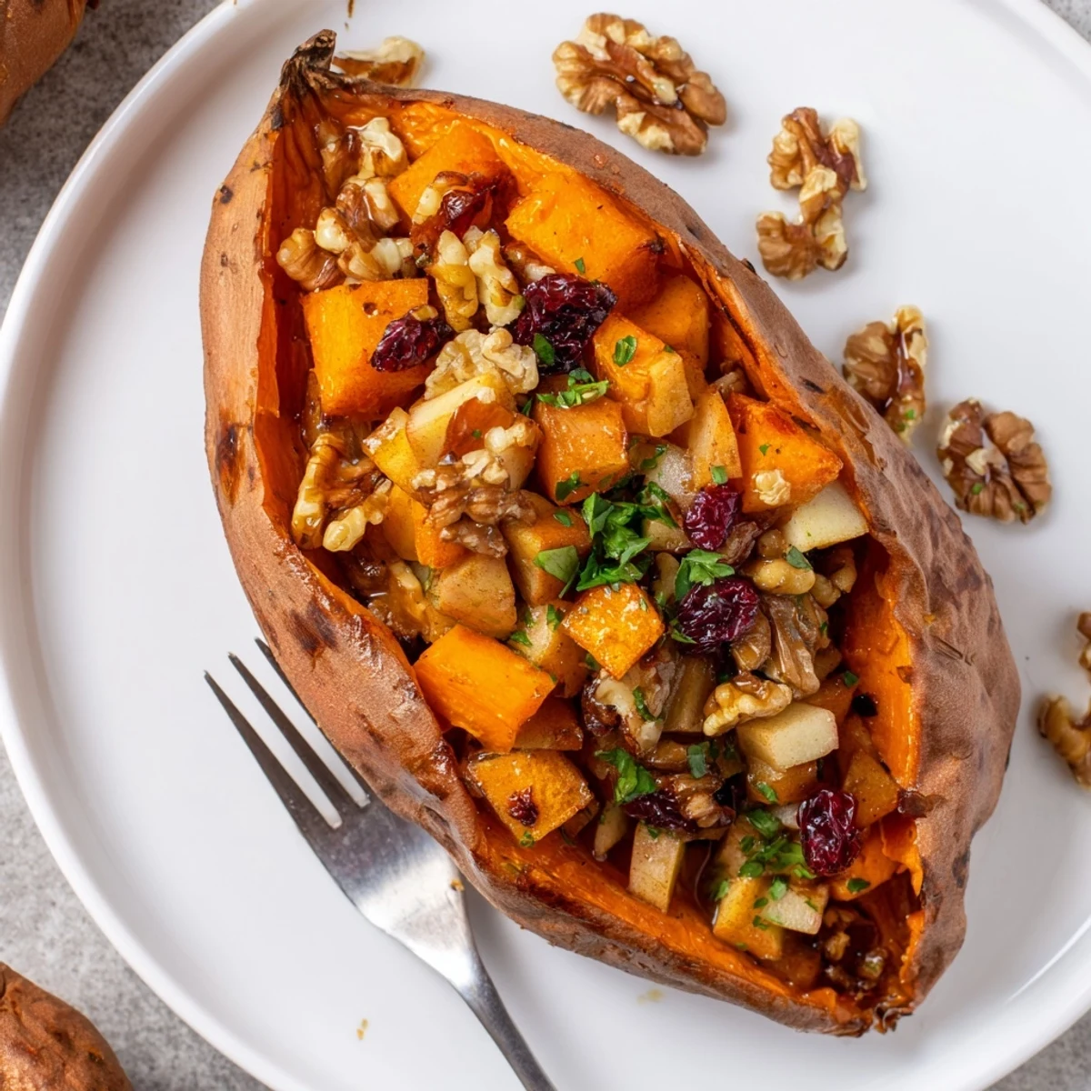 Stacked Stuffed Sweet Potatoes With Apples, rustic platter and bright parsley garnish