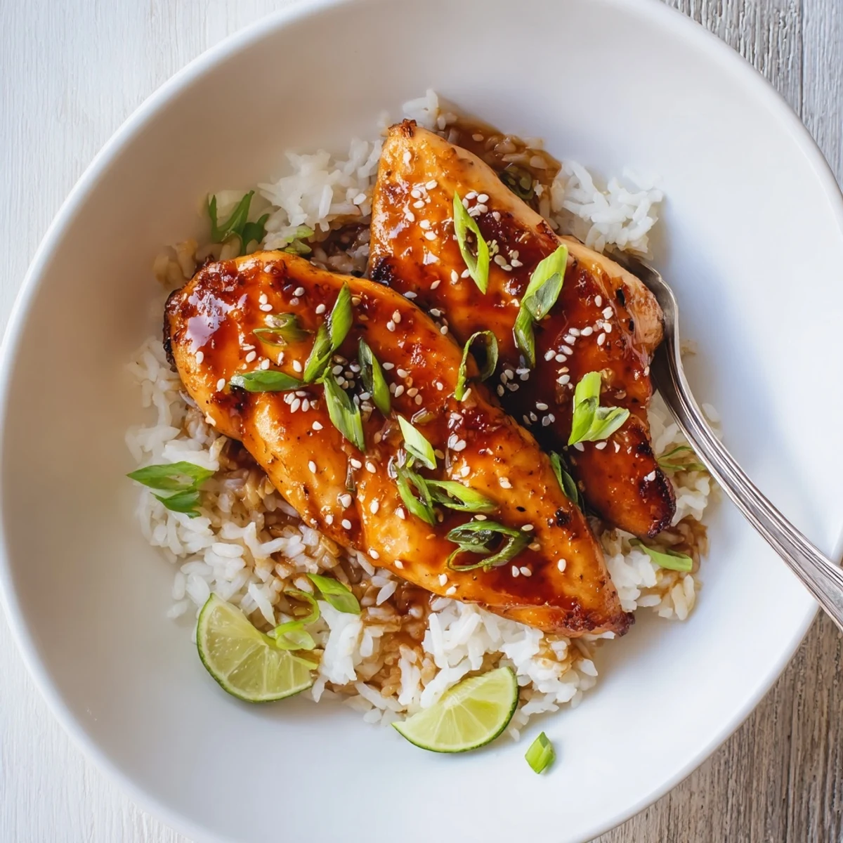 Spicy Maple Chicken And Coconut Rice glistening with sticky glaze, lime wedges.