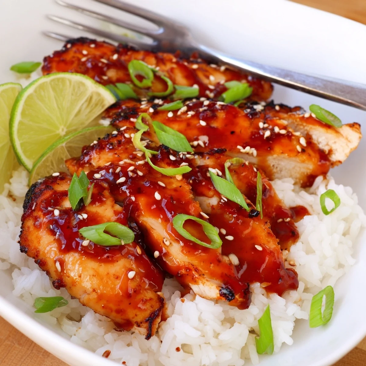 Warm Spicy Maple Chicken And Coconut Rice topped with toasted sesame and scallions.