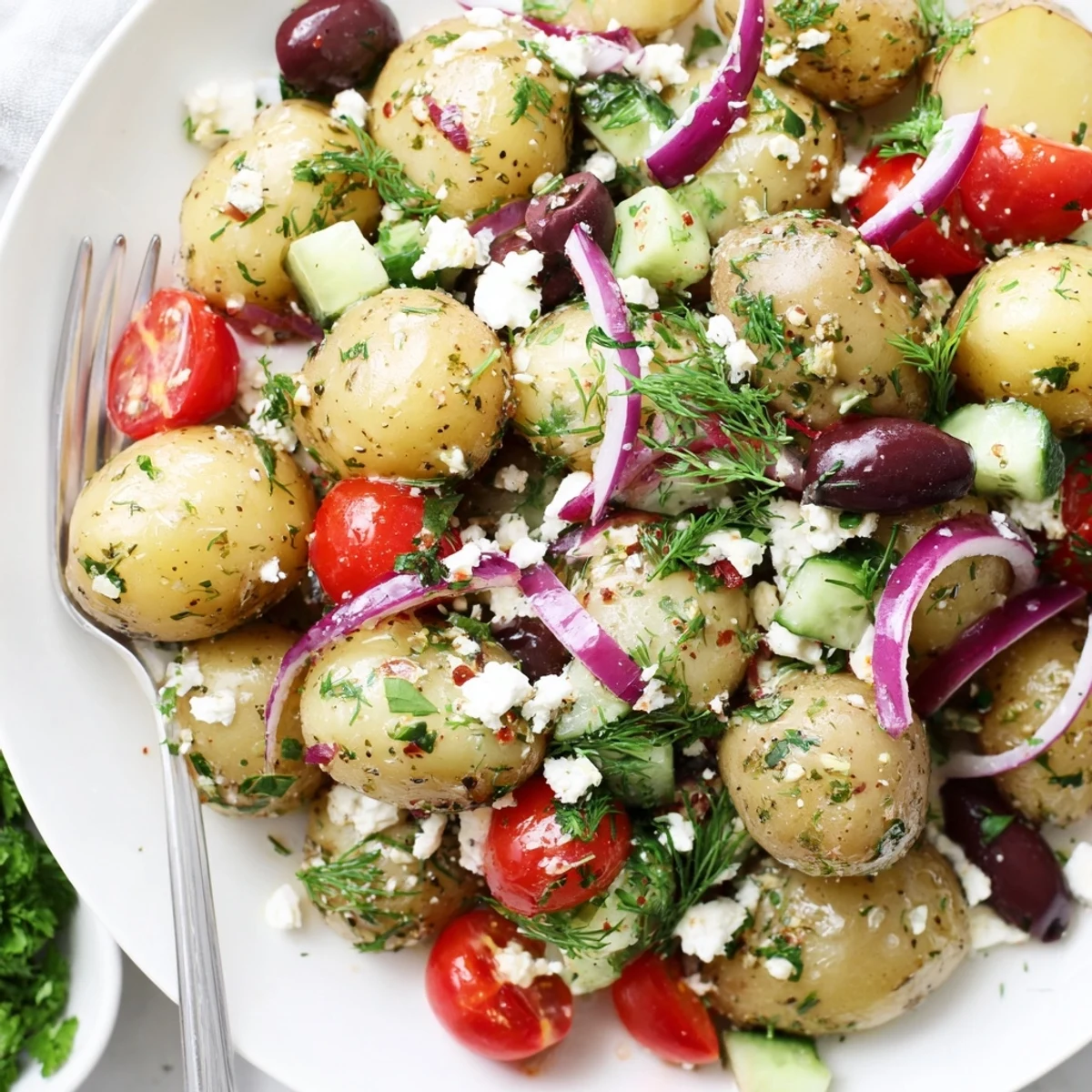 Bright Olive Greek Potato Salad steaming slightly, ideal picnic side or barbecue