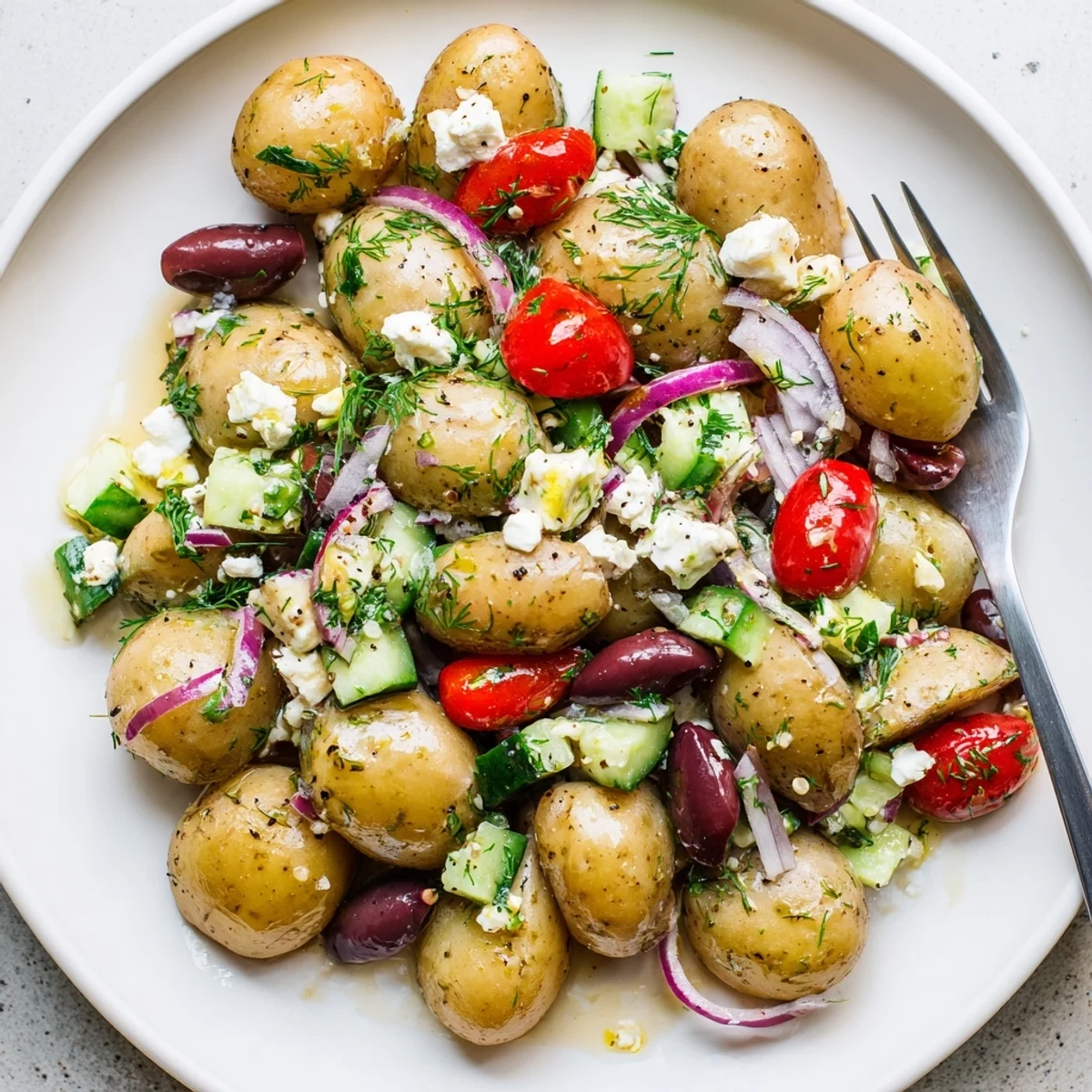 Olive Greek Potato Salad with creamy potatoes, briny Kalamata, and lemony dressing