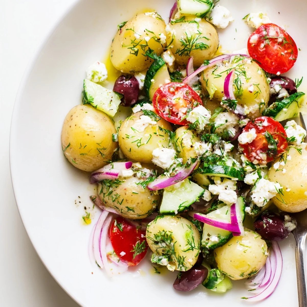 Chilled Olive Greek Potato Salad studded with feta, cucumbers, herbs, tangy vinaigrette