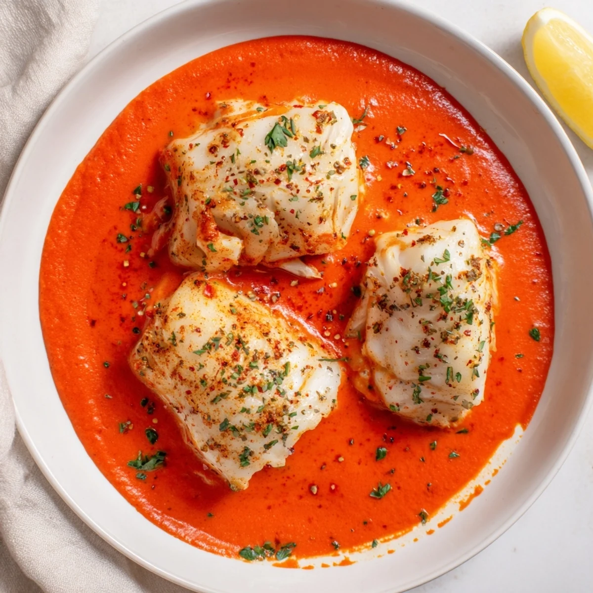 Flaky cod fillets in Cod In Roasted Red Pepper Sauce, spooned over rice.