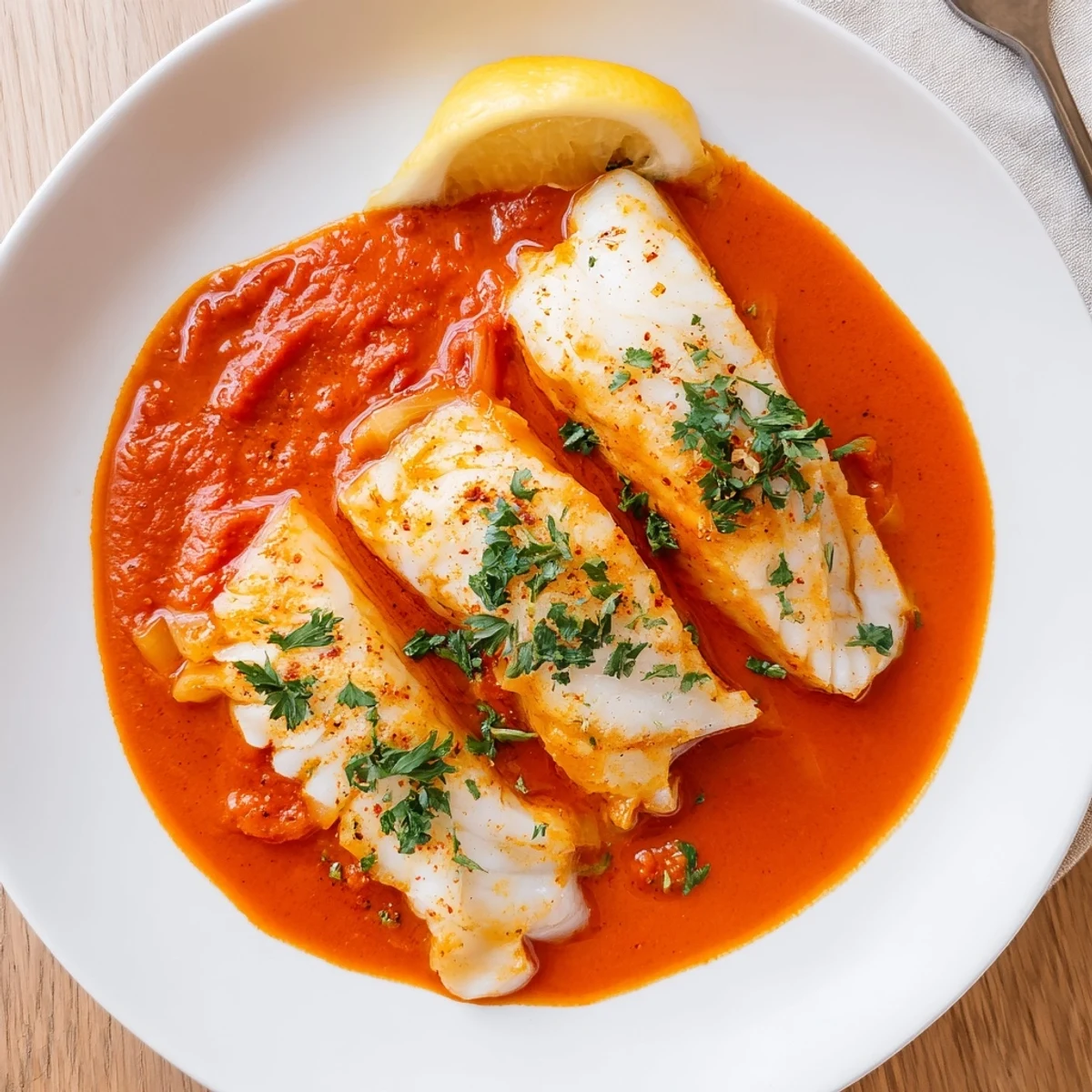 Bright, smoky Cod In Roasted Red Pepper Sauce garnished with parsley and lemon.