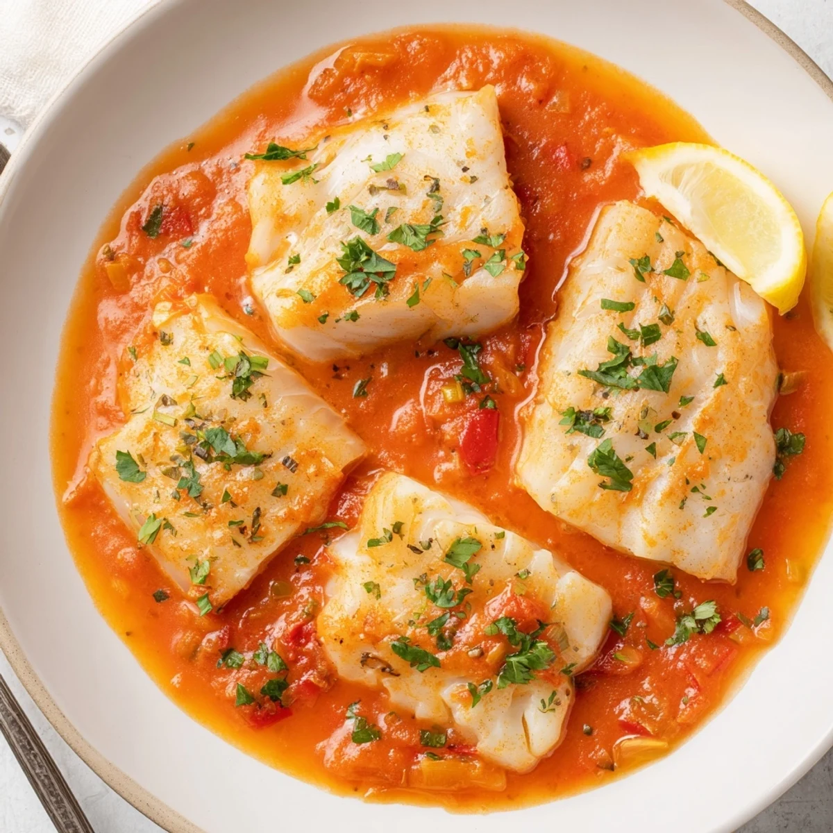 Tender fillets gently poached in Cod In Roasted Red Pepper Sauce, with lemon wedges.