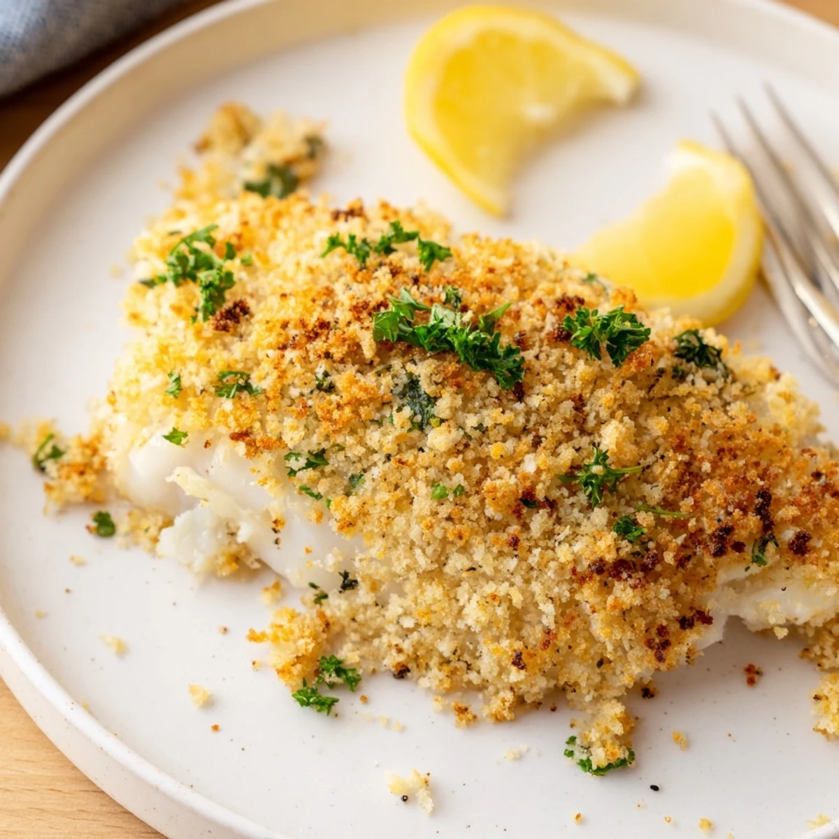 Boston Baked Cod with golden breadcrumb topping, lemon wedges ready for squeezing