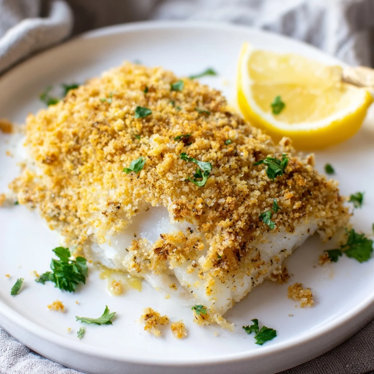 Warm Boston Baked Cod plated with roasted potatoes and parsley garnish
