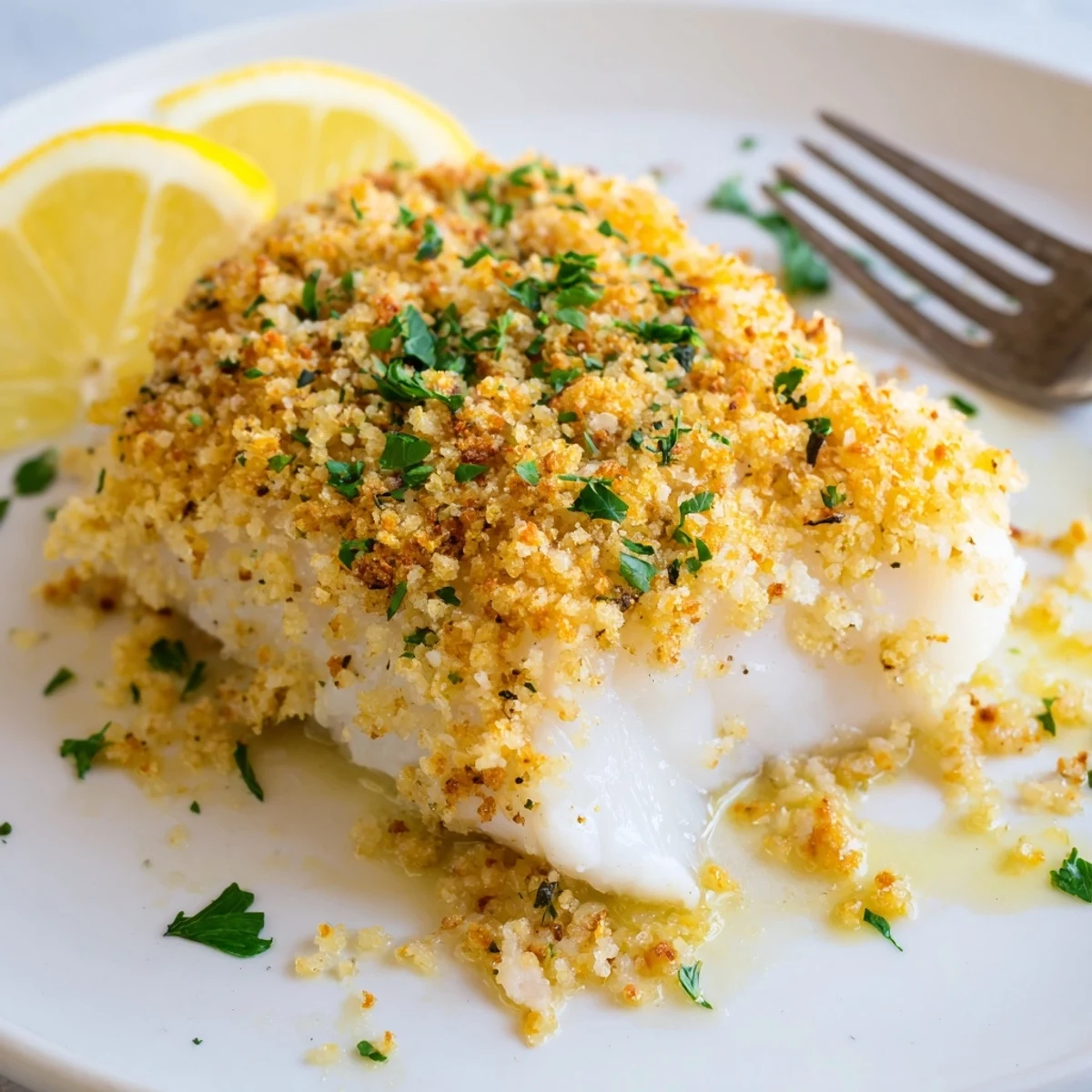 Oven browned Boston Baked Cod, flaky white fish with buttery garlic crumbs