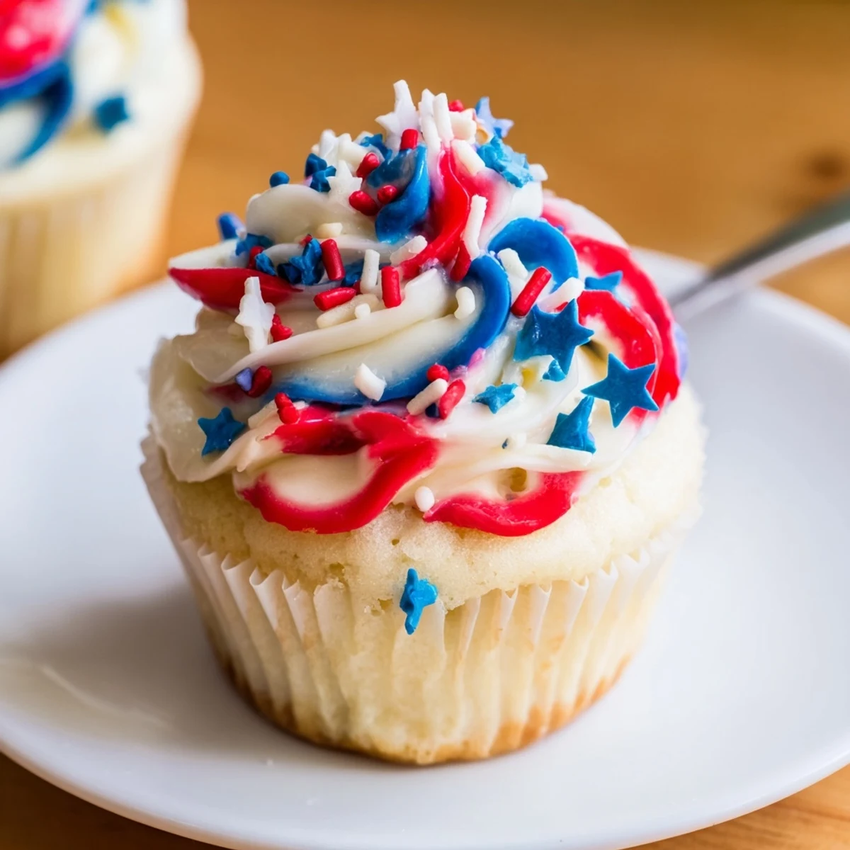 Patriotic Firework Cupcakes with vibrant red, white, and blue buttercream swirls
