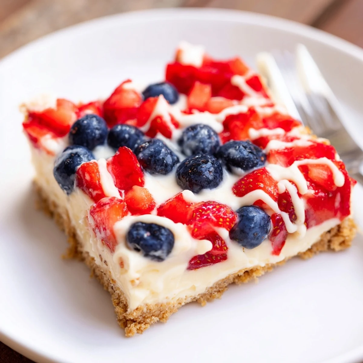Slice of Patriotic Cheesecake Bars chilled, topped with vibrant strawberries and blueberries
